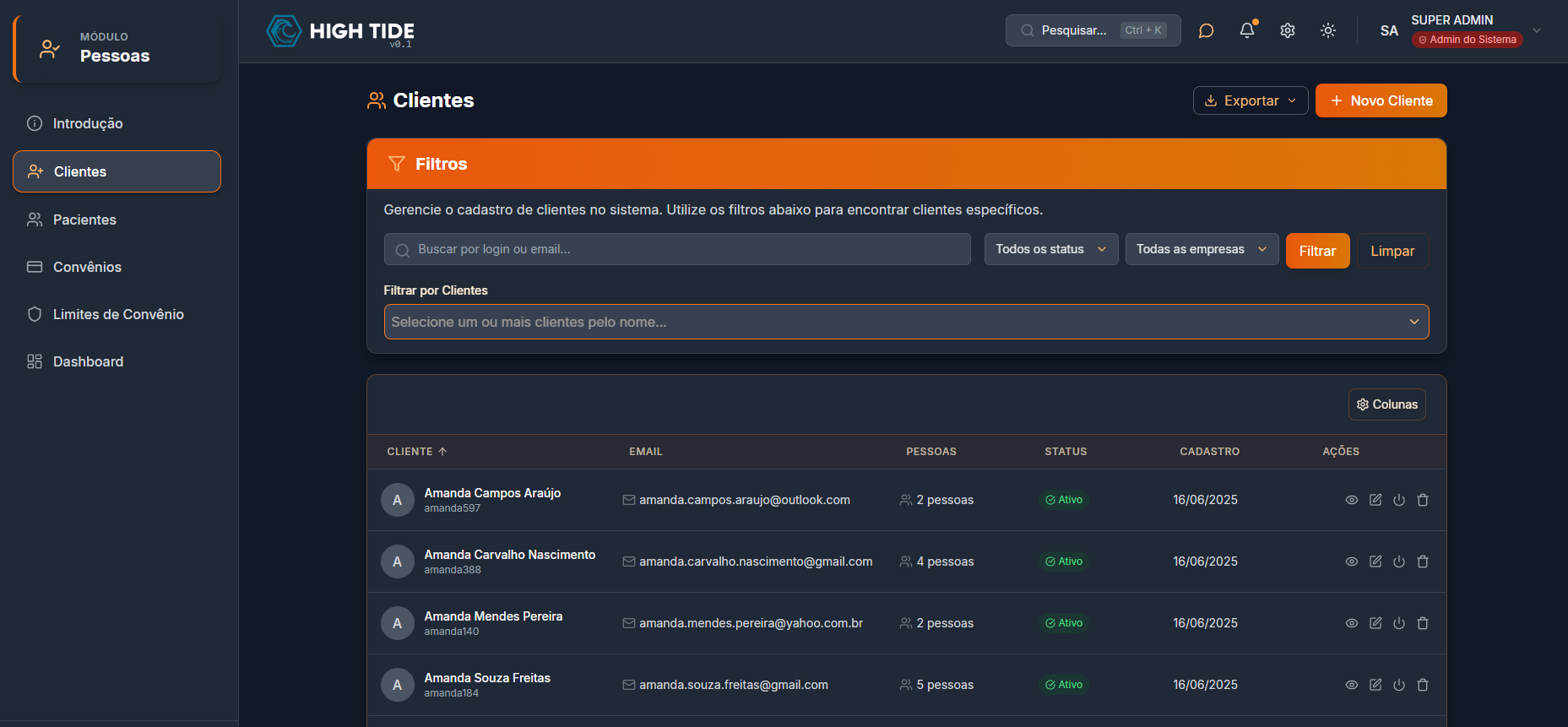 Interface do módulo de pessoas - Cadastro de clientes