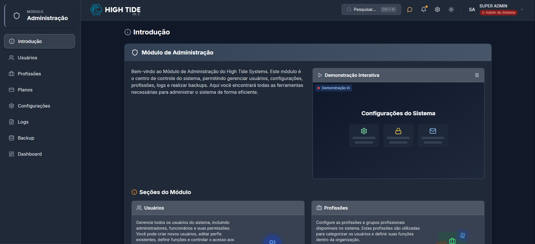 Interface do módulo de administração - Introdução
